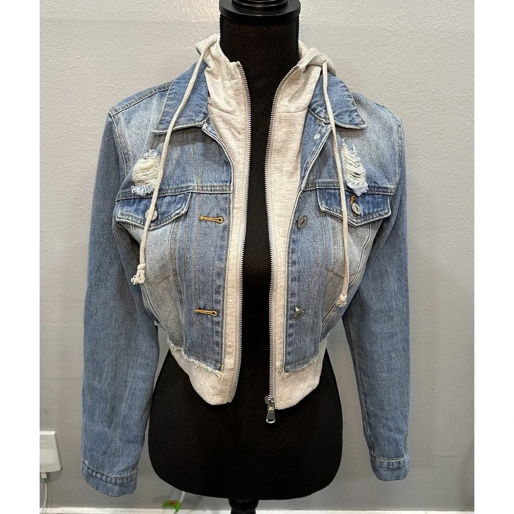 Love Tree Denim Jeans Cropped Jacket Girls Medium Full Zip & Button Gray Lining - Picture 1 of 10